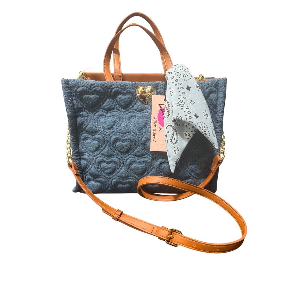 🆕Luv Betsey Quilted Heart Satchel Purse Navy Blue Gold Chain Strap Scarf Accent